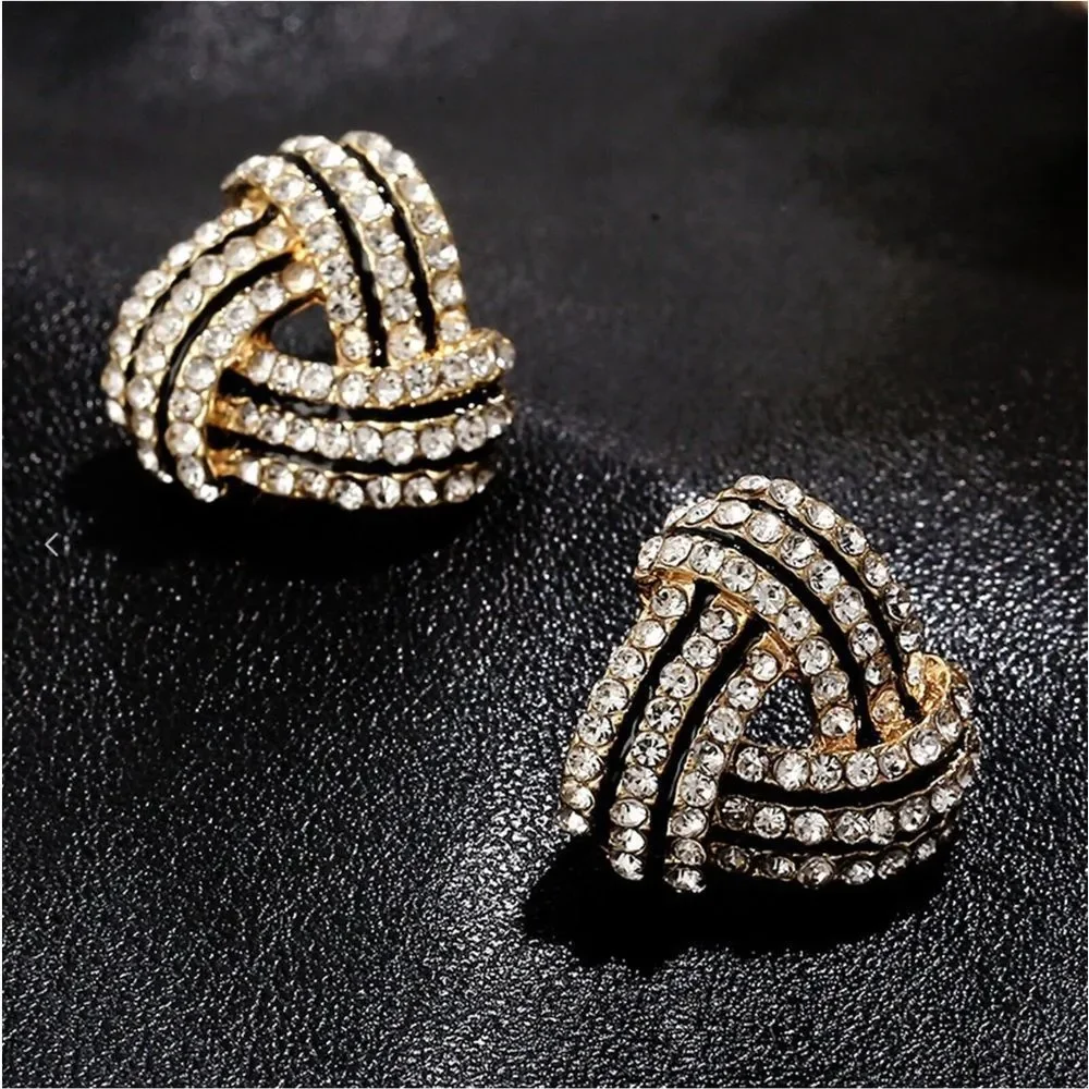Stunning Gold Tone Black and Gold CZ Diamond Flat Triangular Post Back Earrings